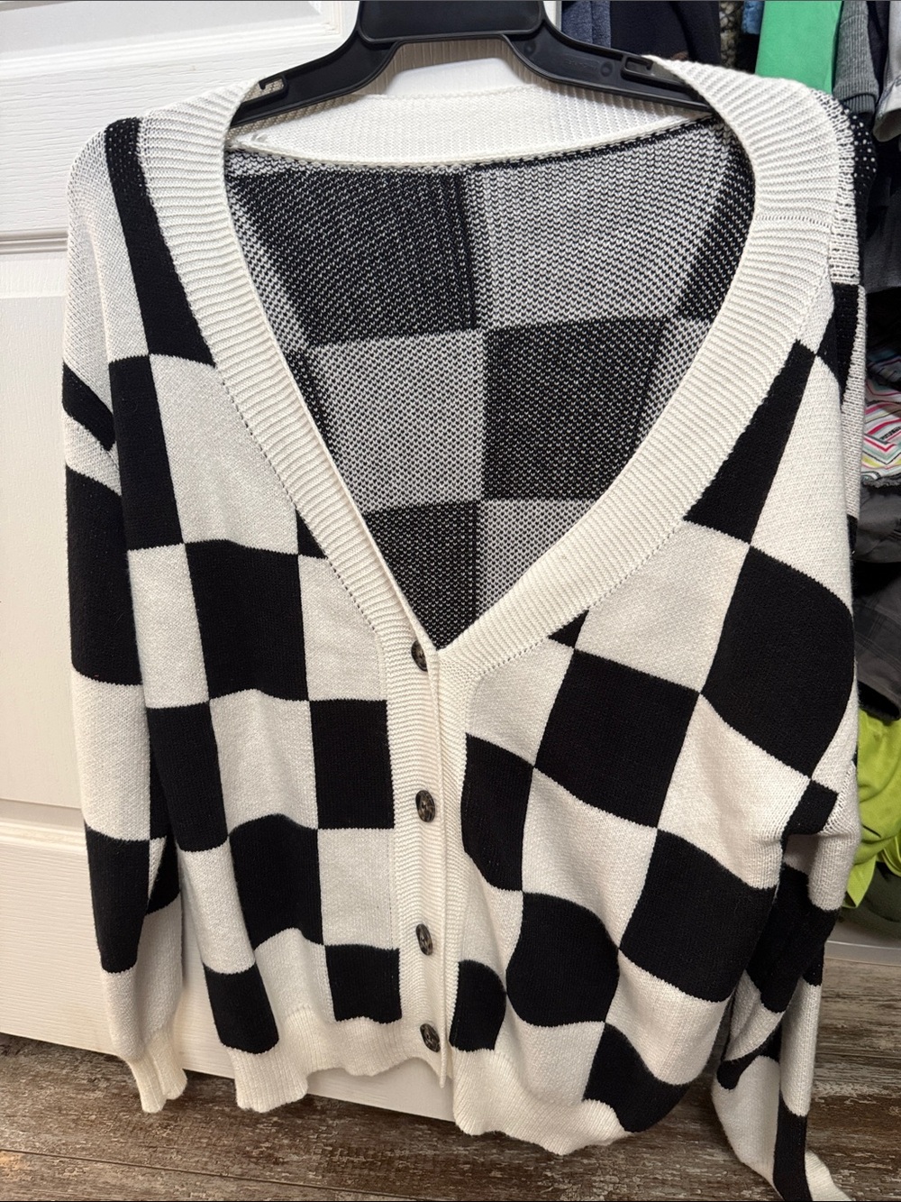 Amazon Black and White Checkerboard V-Neck Button Cardigan